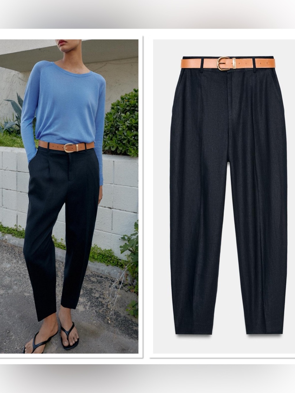 NWT Zara Mid-Rise Ankle Length Belted Linen Pants Sz:M Black